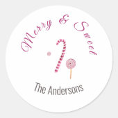 Magenta roze Merry & sweet candy cane waterverf Ronde Sticker (Voorkant)