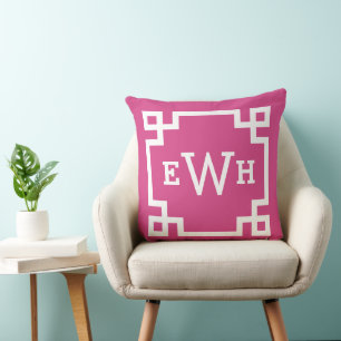 Magenta Roze Monogram Griekse Sleutel Kussen