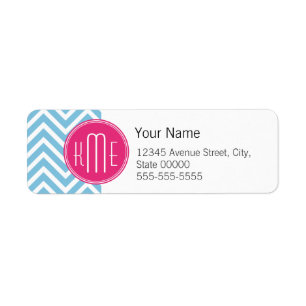 Magenta roze monogram met lichtblauw Chevron Etiket