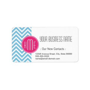 Magenta roze monogram met lichtblauw Chevron Etiket