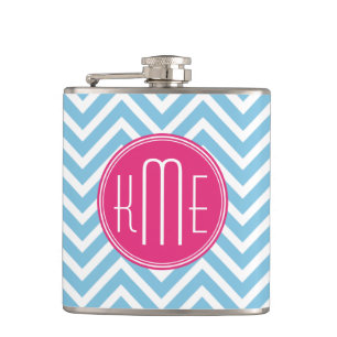 Magenta roze monogram met lichtblauw Chevron Heupfles