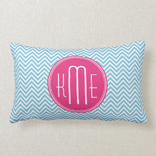 Magenta roze monogram met lichtblauw Chevron Kussen