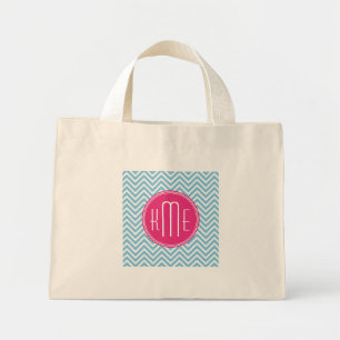 Magenta roze monogram met lichtblauw Chevron Mini Tote Bag