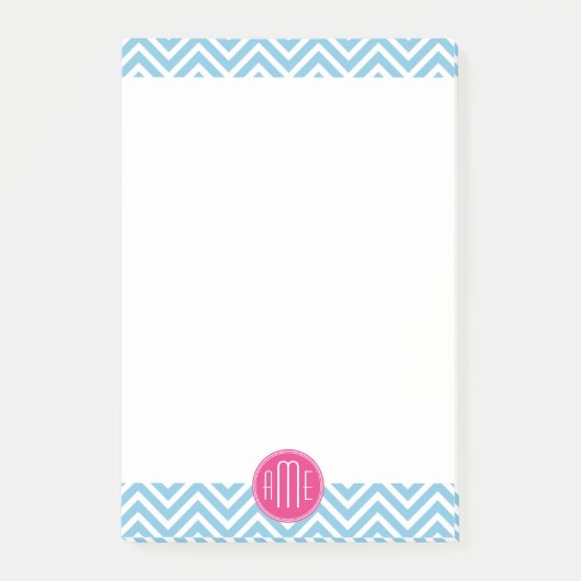 Magenta roze monogram met lichtblauw Chevron Post-it® Notes (Voorkant)
