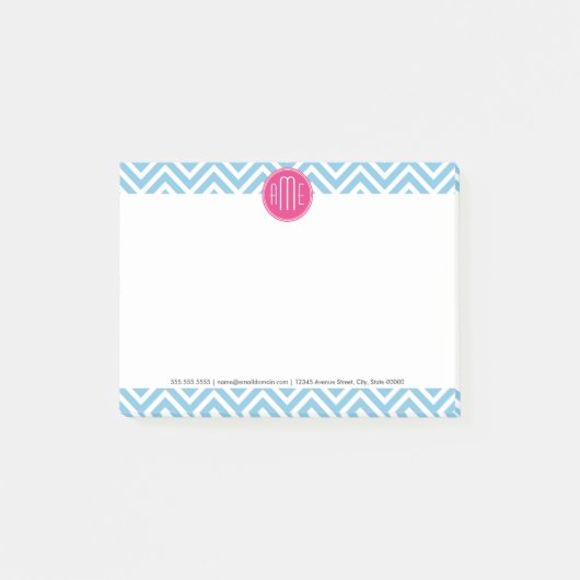 Magenta roze monogram met lichtblauw Chevron Post-it® Notes (Voorkant)