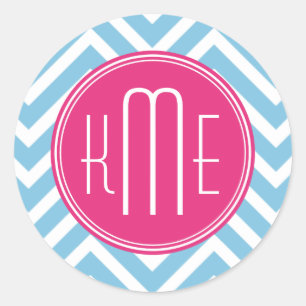 Magenta roze monogram met lichtblauw Chevron Ronde Sticker