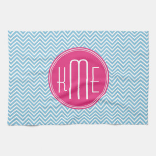 Magenta roze monogram met lichtblauw Chevron Theedoek
