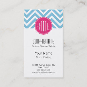 Magenta roze monogram met lichtblauw Chevron Visitekaartje