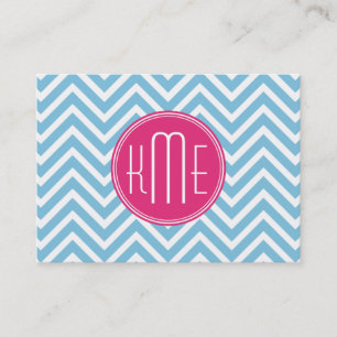 Magenta roze monogram met lichtblauw Chevron Visitekaartje