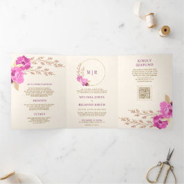 Magenta Roze Orchidee Bloem QR Code Ivoor Huwelijk Drieluik Uitnodiging
