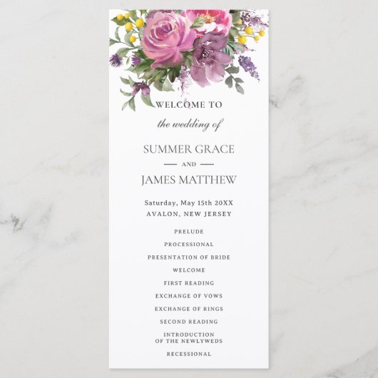 Magenta Roze Paarse Bloemen Groen Boho Bruiloft Programmakaart (Voorkant)