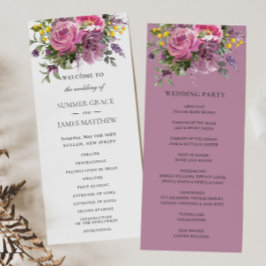 Magenta Roze Paarse Bloemen Groen Boho Bruiloft Programmakaart