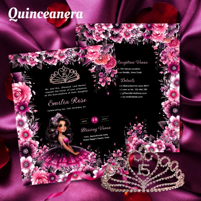 Magenta Roze Quinceanera jurk Bloemen (Creator heeft geüpload)