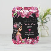 Magenta Roze Quinceanera jurk Bloemen Kaart (Staand voorkant)