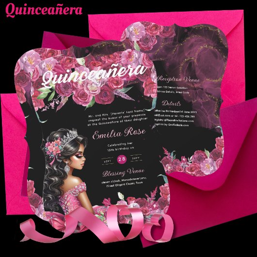 Magenta Roze Quinceanera jurk Bloemen Kaart