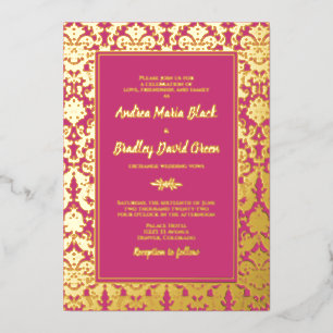 Magenta roze Real Gold Foil Damask Wedding Folie Uitnodiging