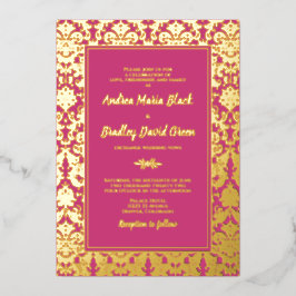 Magenta roze Real Gold Foil Damask Wedding Folie Uitnodiging