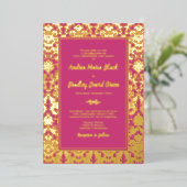 Magenta roze Real Gold Foil Damask Wedding Folie Uitnodiging (Staand Voorkant)