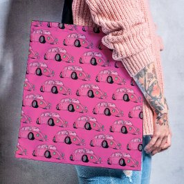 Magenta Roze Retro Klassieke Auto Patroon Tote Bag