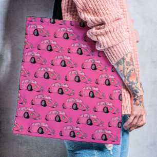Magenta Roze Retro Klassieke Auto Patroon Tote Bag
