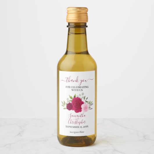 Magenta Roze Rozen Elegante bruiloft Bedankt Mini Wijn Etiket (Voorkant)