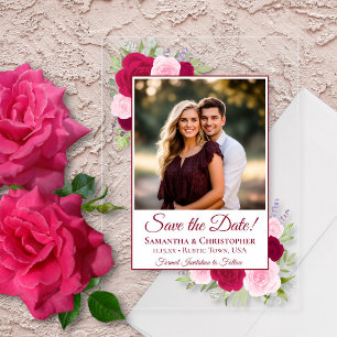 Magenta Roze Rozen & Foto Trouw Save the Date Acryl Uitnodigingen