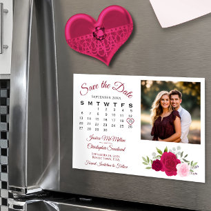 Magenta & Roze Rozen Kalender Foto Save the Date Magnetische Uitnodiging