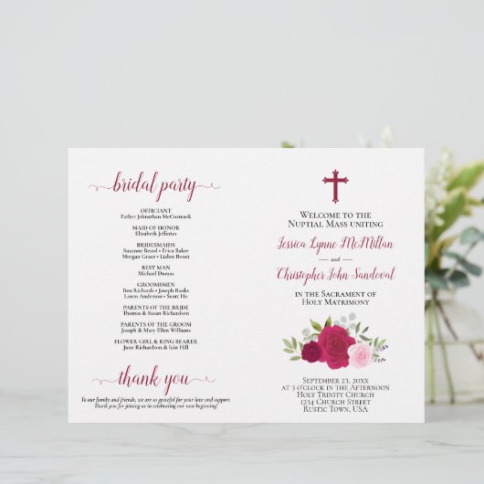 Magenta & Roze Rozen Katholieke Trouwprogramma (Staand voorkant)