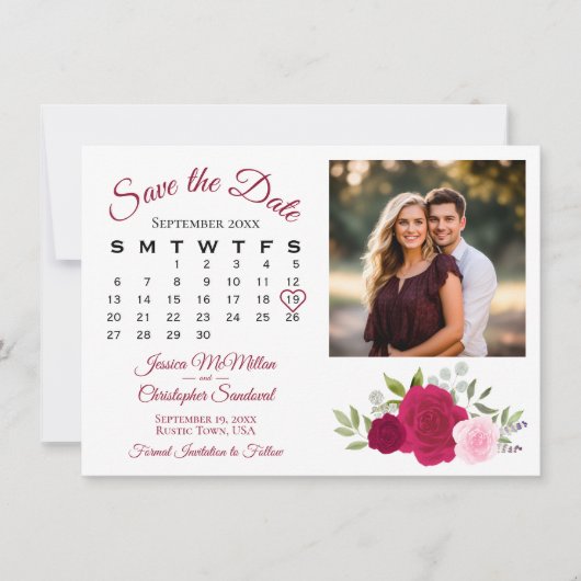 Magenta & Roze Rozen Trouwkalender & Foto Save The Date (Voorkant)