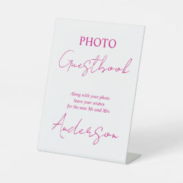 Magenta roze schrift kalligrafie foto guestbook reclamebord met voetstuk