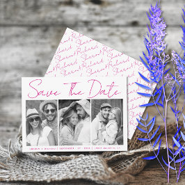Magenta roze script kalligrafie 3 foto collage sa save the date