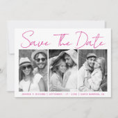 Magenta roze script kalligrafie 3 foto collage sa save the date (Voorkant)