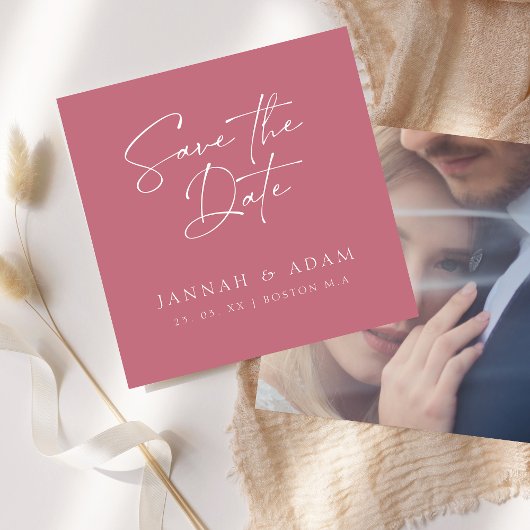 Magenta Roze Script Typografie Foto Bruiloft Save The Date