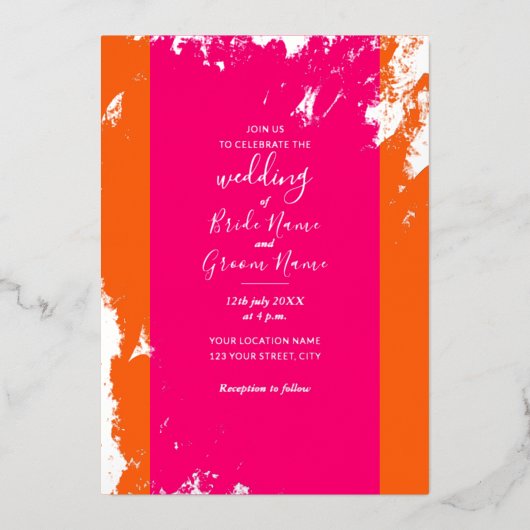 Magenta Roze Sinaasappel Goud Grain Elegant Folie Uitnodiging (Voorkant)