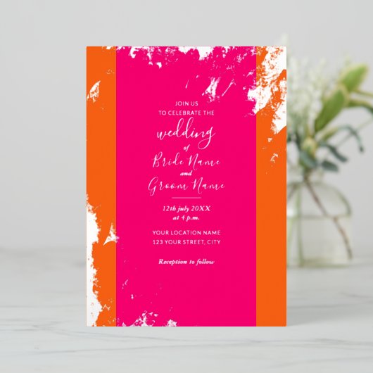 Magenta Roze Sinaasappel Goud Grain Elegant Folie Uitnodiging (Staand Voorkant)