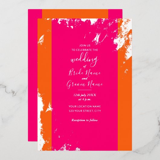 Magenta Roze Sinaasappel Goud Grain Elegant Folie Uitnodiging (Voorkant / Achterkant)