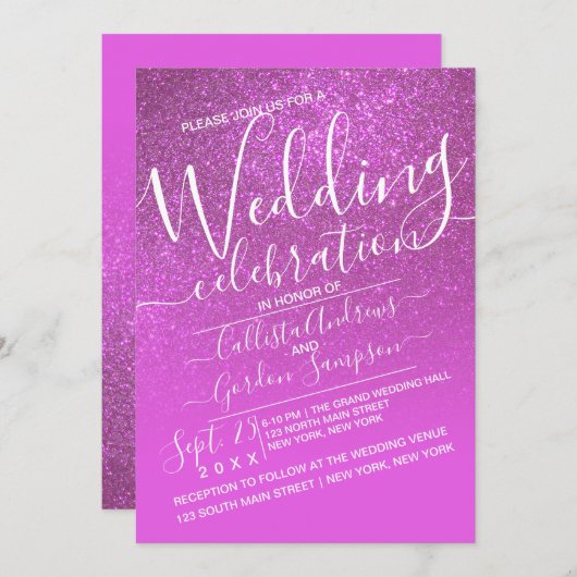 Magenta Roze Sparkly Glitter Ombre Wedding Kaart (Voorkant / Achterkant)