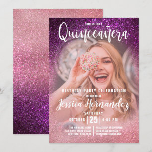 Magenta Roze Triple Glitter Foto Quinceañera Kaart