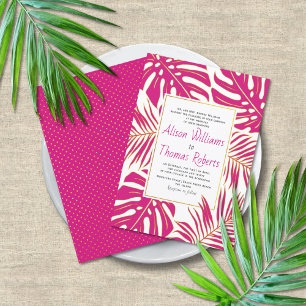 Magenta roze tropical monstera palm leaves bruilof kaart