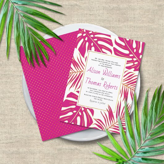 Magenta roze tropical monstera palm leaves bruilof kaart