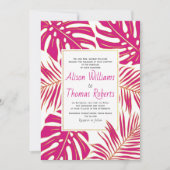 Magenta roze tropical monstera palm leaves bruilof kaart (Voorkant)