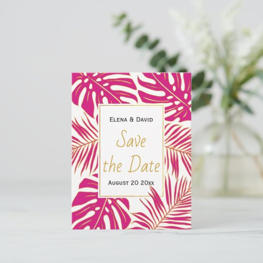 Magenta roze tropische bladeren bruiloft Opslaan D Aankondigingskaart (Staand voorkant)
