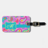 Magenta roze Turquoise Modern Paisley Monogram Bagagelabel (Voorkant horizontaal)