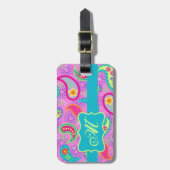 Magenta roze Turquoise Modern Paisley Monogram Bagagelabel (Voorkant verticaal)