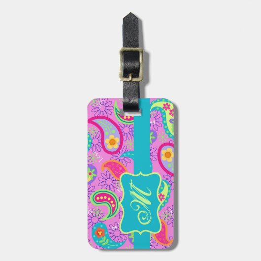 Magenta roze Turquoise Modern Paisley Monogram Bagagelabel (Voorkant verticaal)