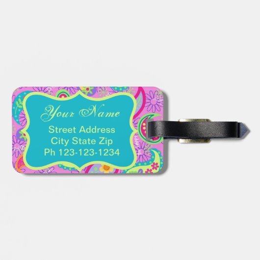 Magenta roze Turquoise Modern Paisley Monogram Bagagelabel (Achterkant horizontaal)