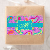 Magenta roze Turquoise Modern Paisley Monogram Etiket (Insitu)
