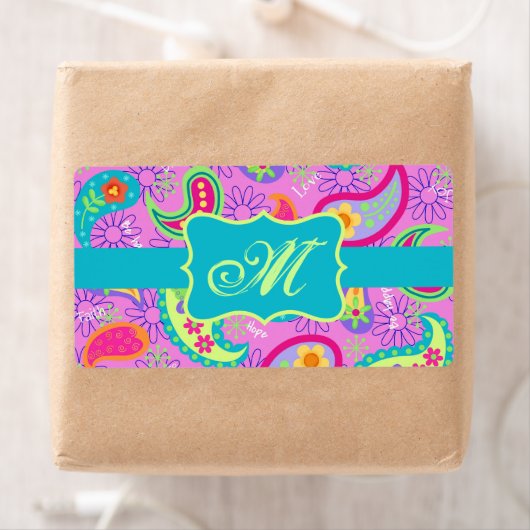 Magenta roze Turquoise Modern Paisley Monogram Etiket (Insitu)