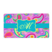 Magenta roze Turquoise Modern Paisley Monogram Etiket (Voorkant)