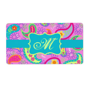 Magenta roze Turquoise Modern Paisley Monogram Etiket